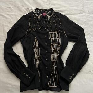 Y2K Save the Queen Black gold embroidered embellished sequin blouse Size small